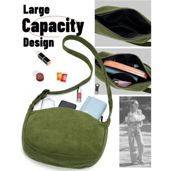 Women Corduroy Green Imported Polyester Crossbody Lightweight Crescent Sling Bag - Picture 5 of 7
